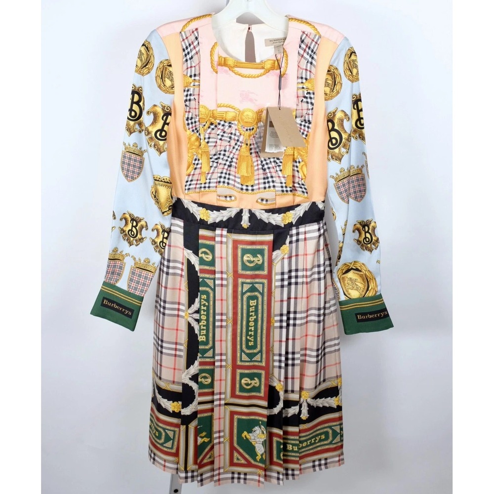 Burberry London England Scarf Print Silk Dress Mixed Check Pleated Multi US 2
